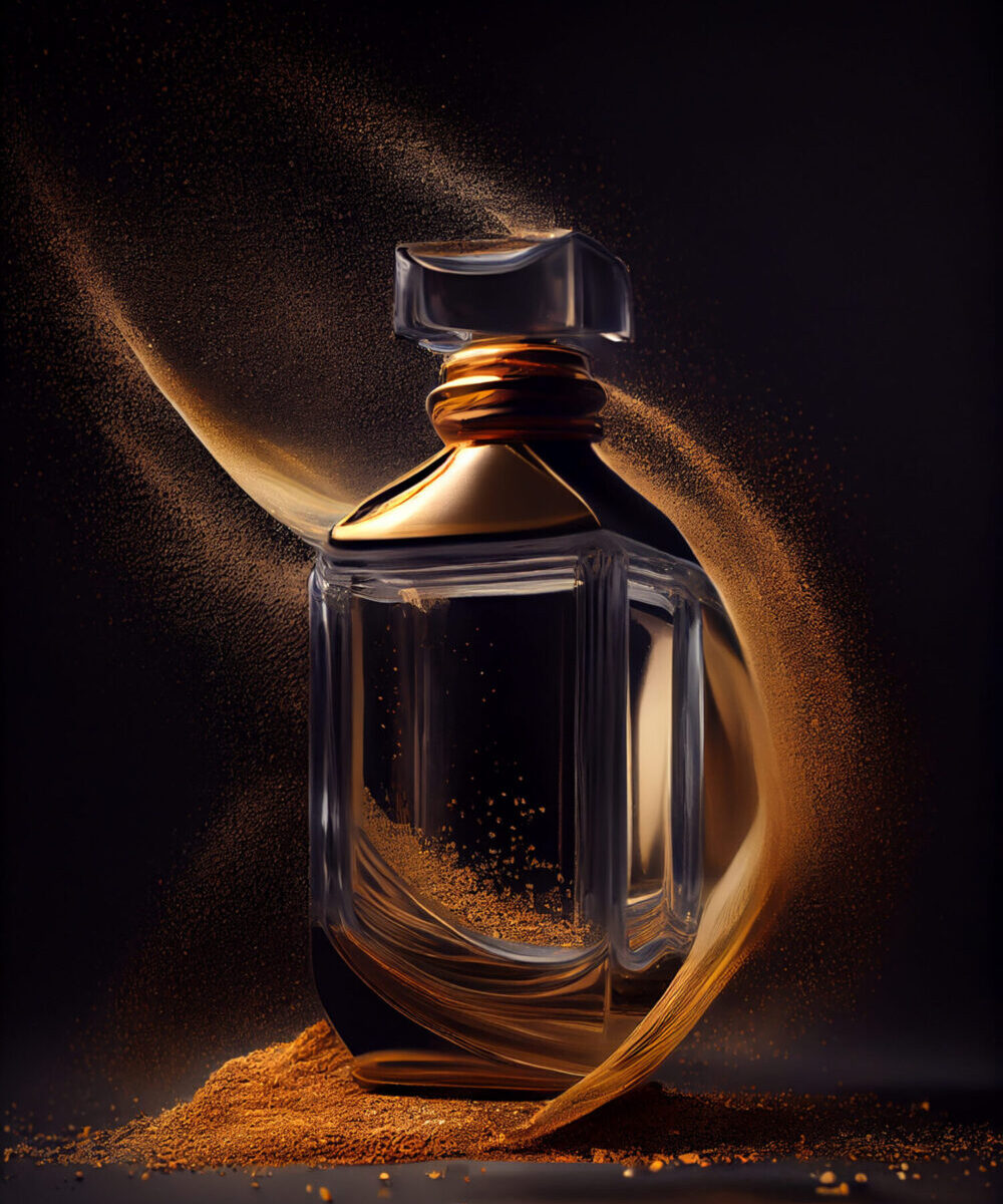 Dark glass bottle with single liquid drop ,generative artificial intelligence